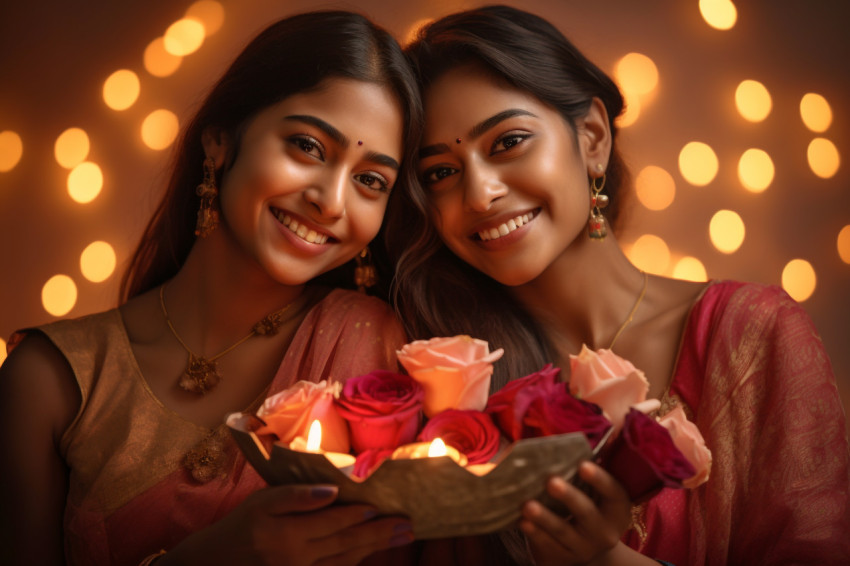 Picture of two smiling sisters with lamps and rose petals on Diw