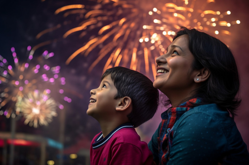 A picture of a mother and her son watching and enjoying the brig