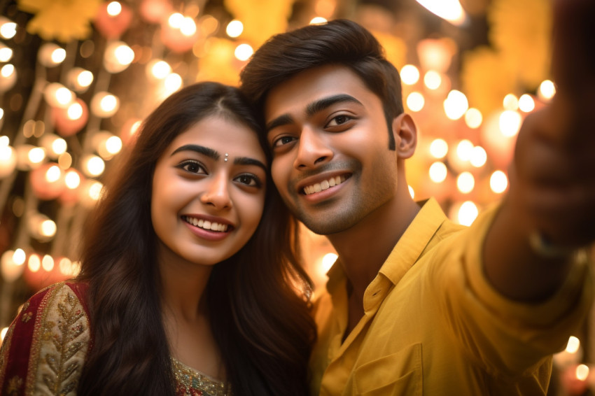 A photo of a young Indian couple taking a selfie with their smar