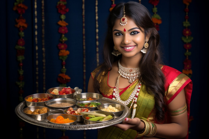 A photo of an Indian girl holding a pooja thali during an Indian