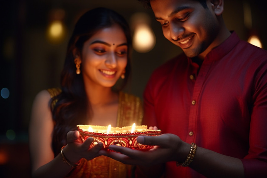 A photo of a young Indian couple holding a diya clay oil lamp on