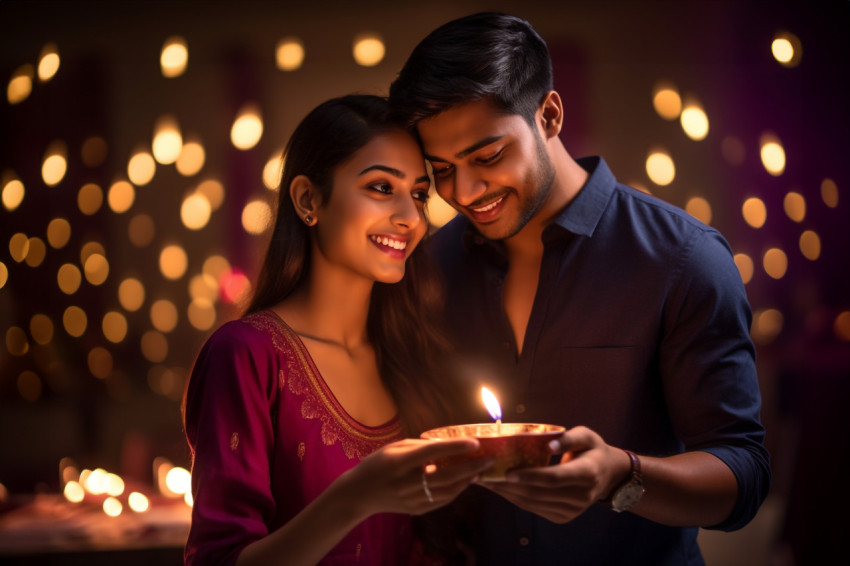 A photo of a young Indian couple holding a diya clay oil lamp on