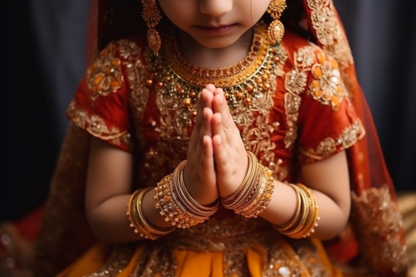 A photo of a young girl in traditional Indian clothing greeting