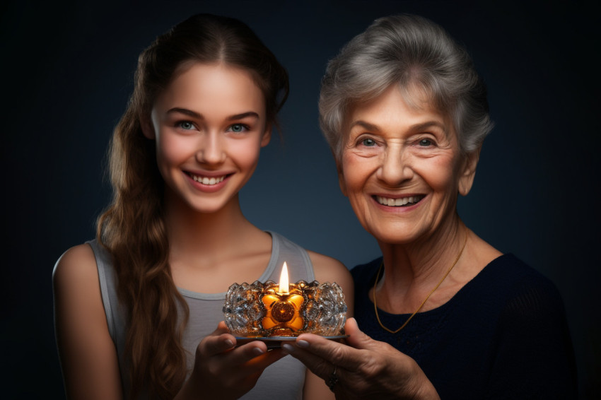 A picture of a mom and her daughter with an oil lamp