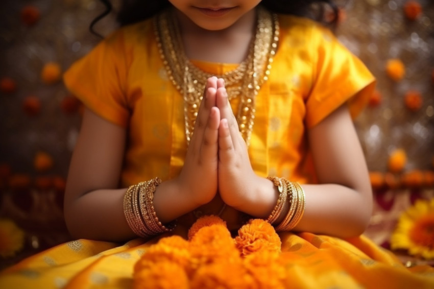 A photo of a young girl in traditional Indian clothing greeting