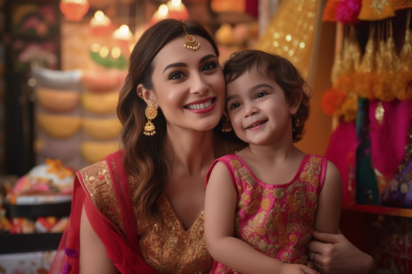 A picture of a mother and daughter dressed in traditional Indian