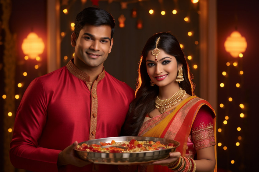A picture of an Indian couple in traditional clothes holding a p
