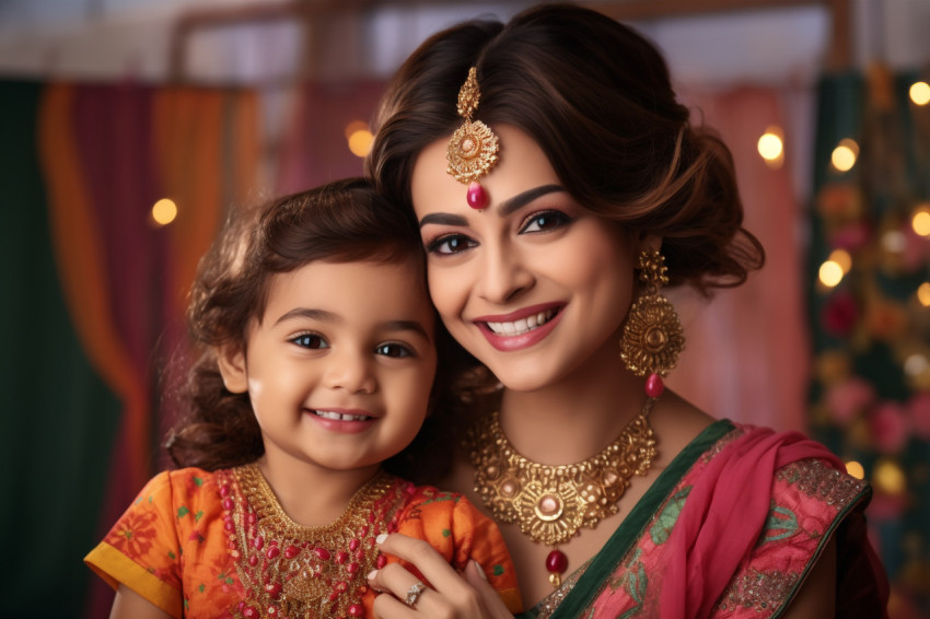 A photo of an Indian mother and daughter in traditional clothes,