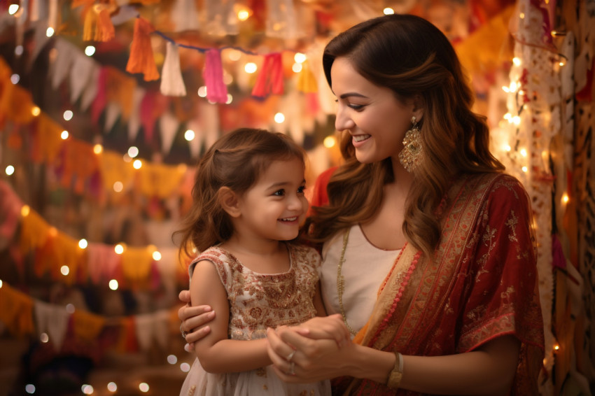 A picture of a mother and daughter dressed in traditional Indian