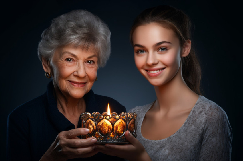 A picture of a mom and her daughter with an oil lamp