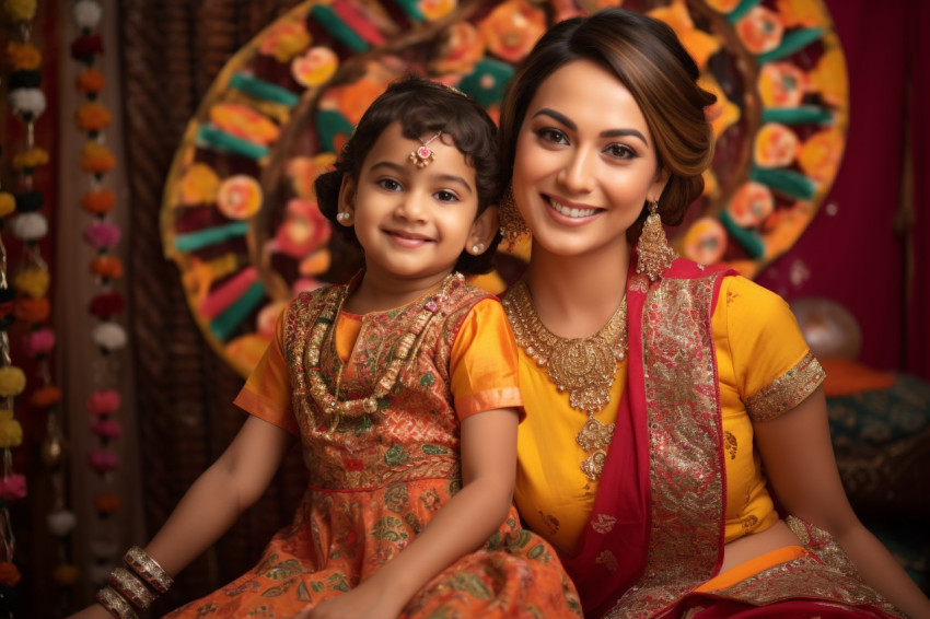 A photo of an Indian mother and daughter in traditional clothes,