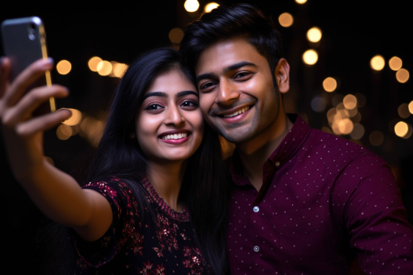 A photo of a young Indian couple taking a selfie on Diwali festi