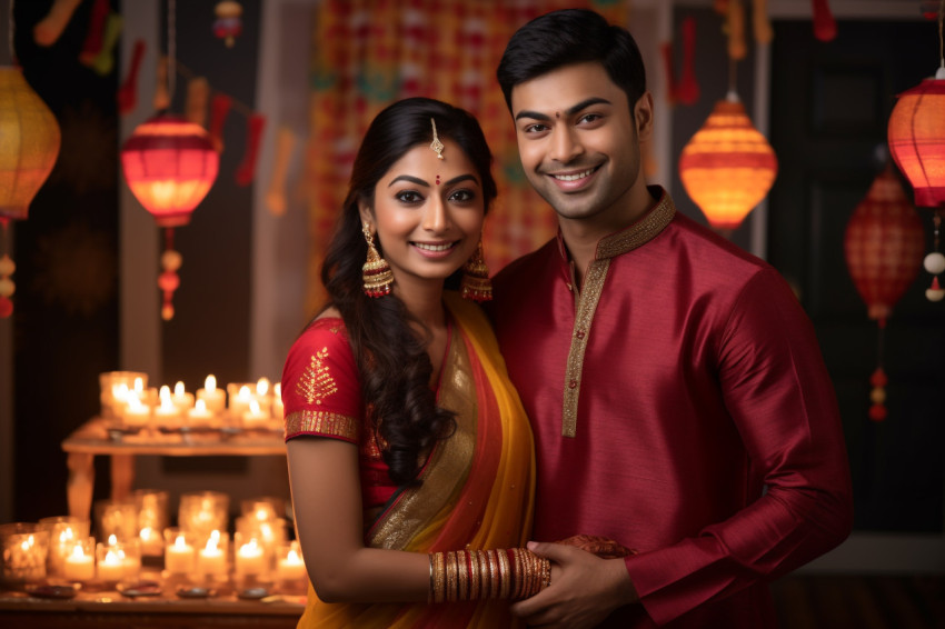 A photo of an Indian couple in traditional clothes celebrating D