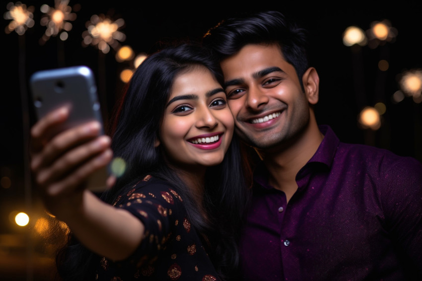 A photo of a young Indian couple taking a selfie on Diwali festi