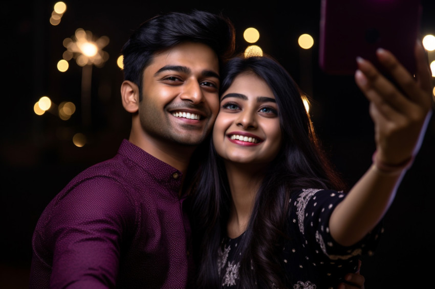 A photo of a young Indian couple taking a selfie on Diwali festi