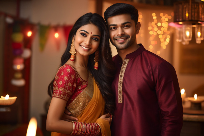 A photo of an Indian couple in traditional clothes celebrating D