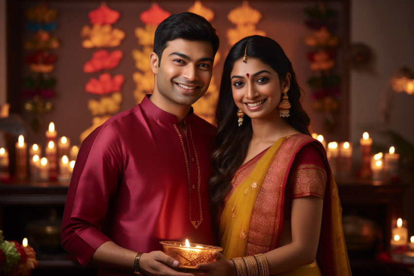 A photo of an Indian couple in traditional clothes celebrating D