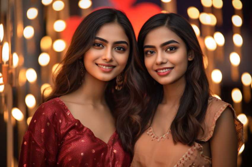 A picture of two young Indian women celebrating Diwali, the fest