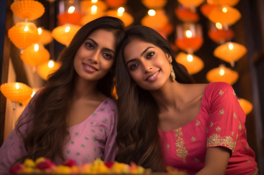A picture of two young Indian women celebrating Diwali, the fest