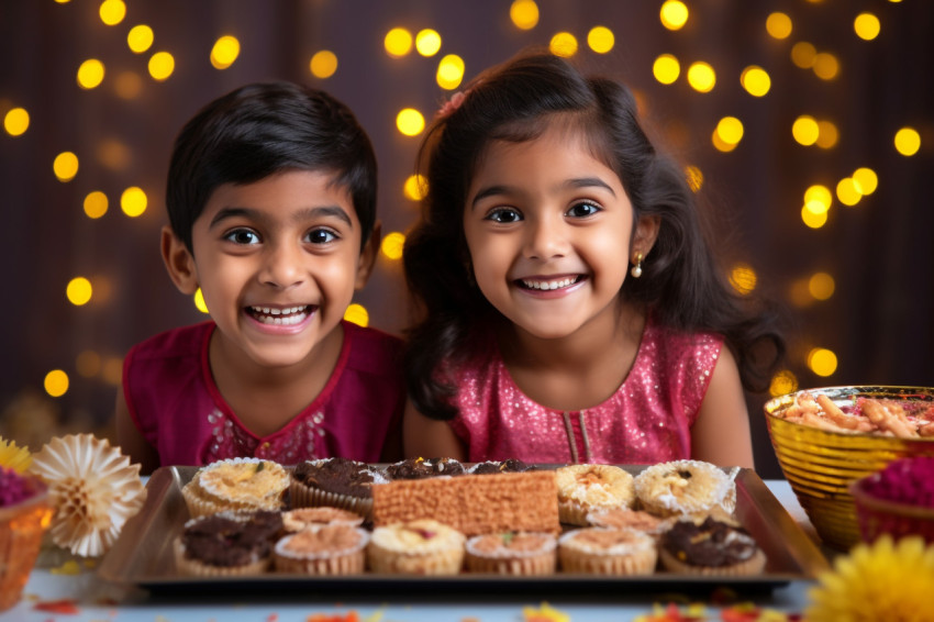 A picture of two adorable Indian children celebrating Diwali wit