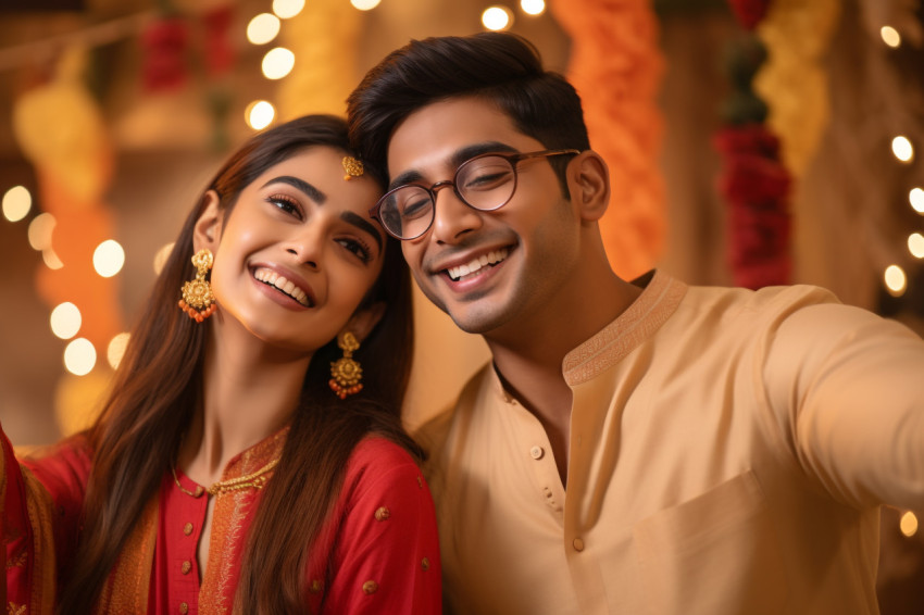 A photo of an Indian couple taking happy selfies during a festiv