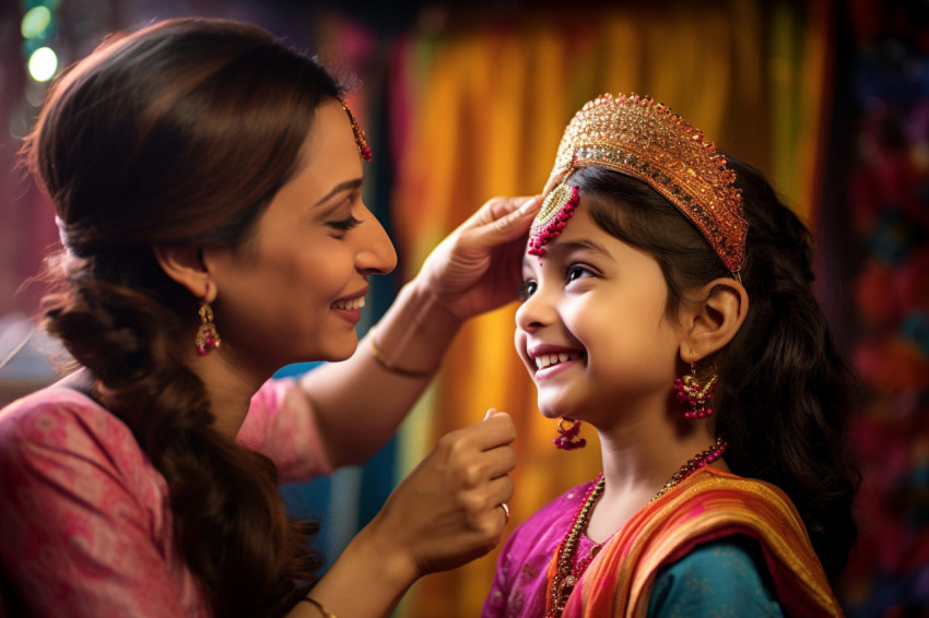 A photo of an Indian mother applying a tilak on her young daught