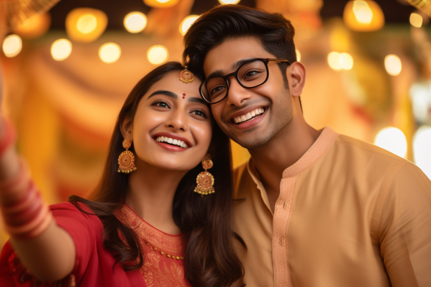 A photo of an Indian couple taking happy selfies during a festiv