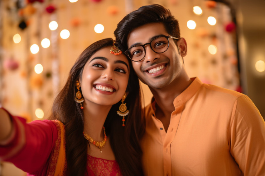 A photo of an Indian couple taking happy selfies during a festiv