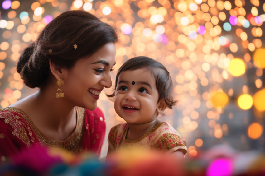 A picture of a baby playing with her mother during Diwali, the I