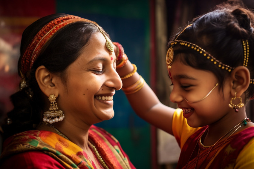 A photo of an Indian mother applying a tilak on her young daught