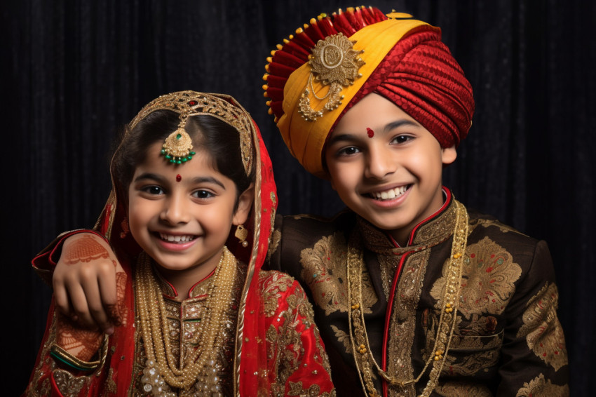 A picture of a brother and sister wearing traditional clothes to