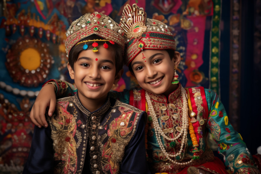 A picture of a brother and sister wearing traditional clothes to