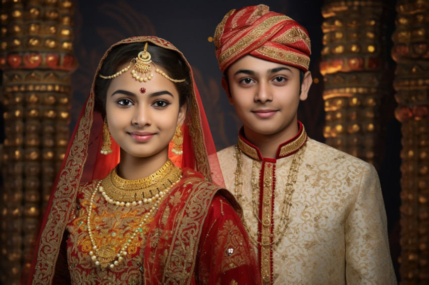 A picture of a brother and sister wearing traditional clothes to