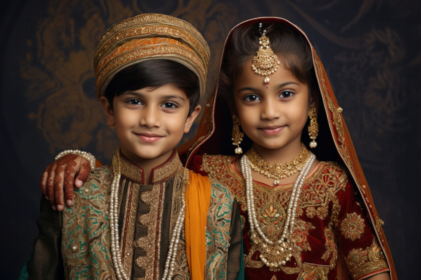 A photo of two or more brothers and sisters wearing traditional