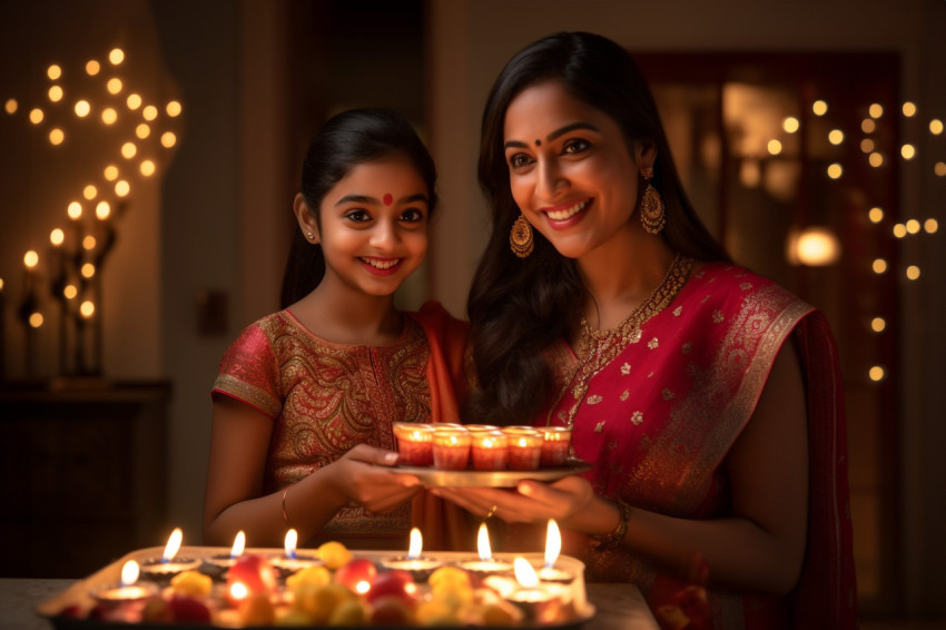 A picture of a mother and her daughter holding diyas at home whi