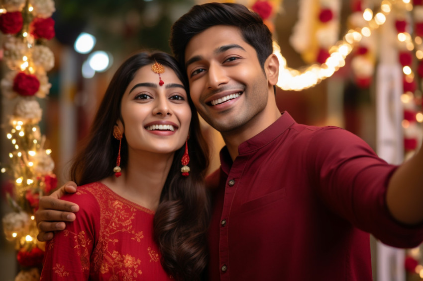 Indian couple taking happy selfies during a festival