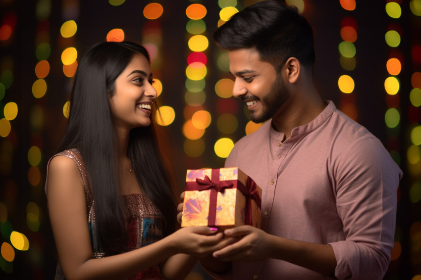 A photo of a happy young Indian couple holding a gift box and lo