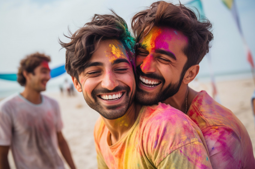 Photo of two stylish young Indian men hugging on the beach durin