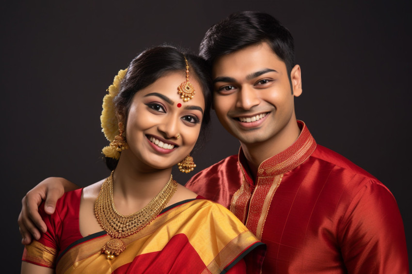 A photo of a happy Indian young couple in traditional clothes, s