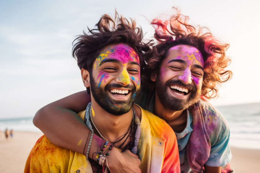 Photo of two stylish young Indian men hugging on the beach durin
