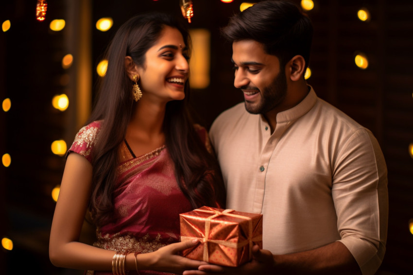 A photo of a happy young Indian couple holding a gift box and lo