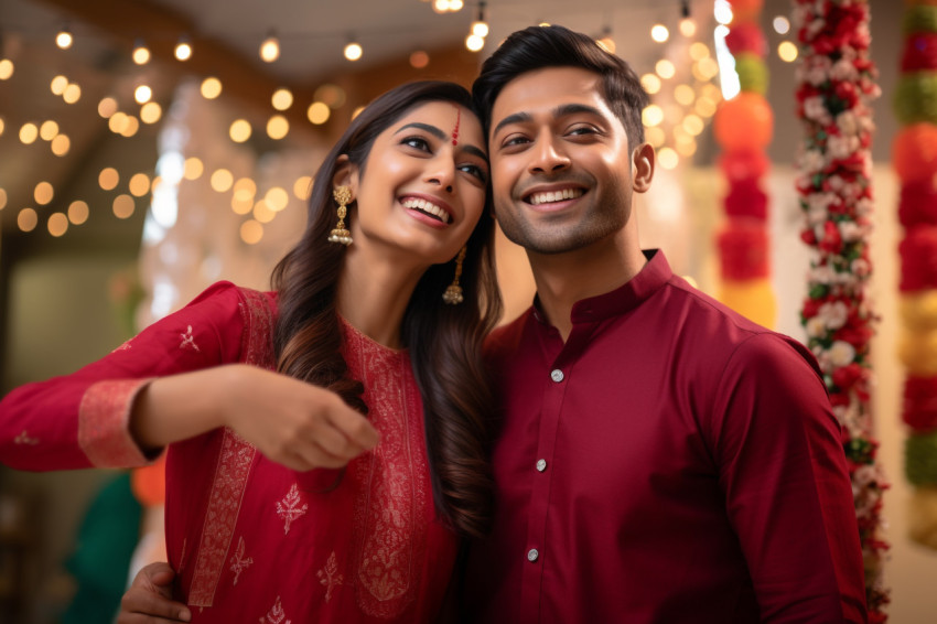 Indian couple taking happy selfies during a festival