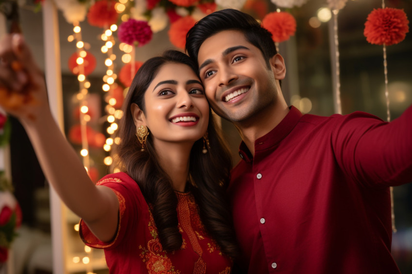 Indian couple taking happy selfies during a festival