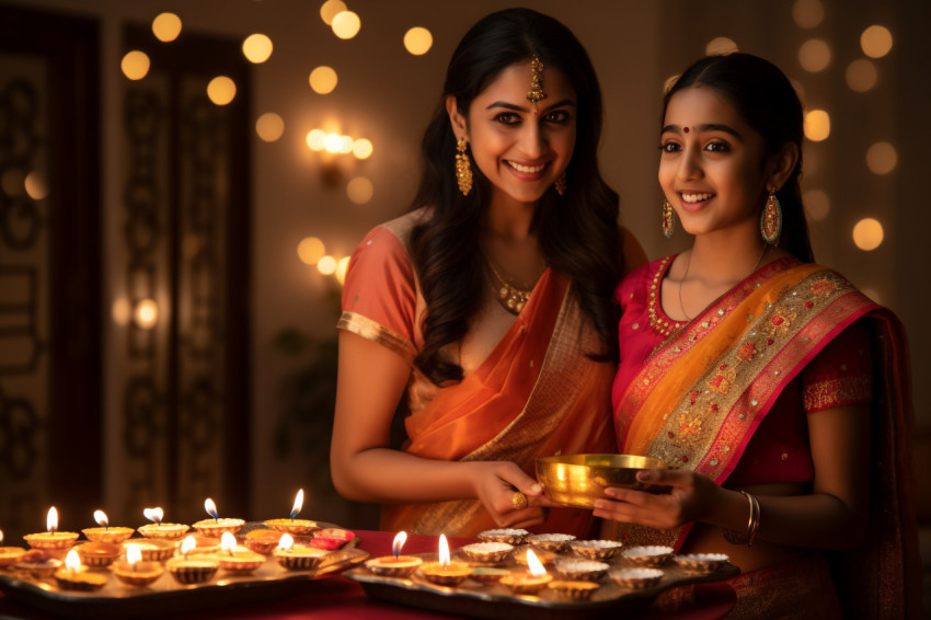 A picture of a mother and her daughter holding diyas at home whi