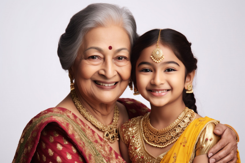 A photo of an older Indian woman and her young daughter in tradi