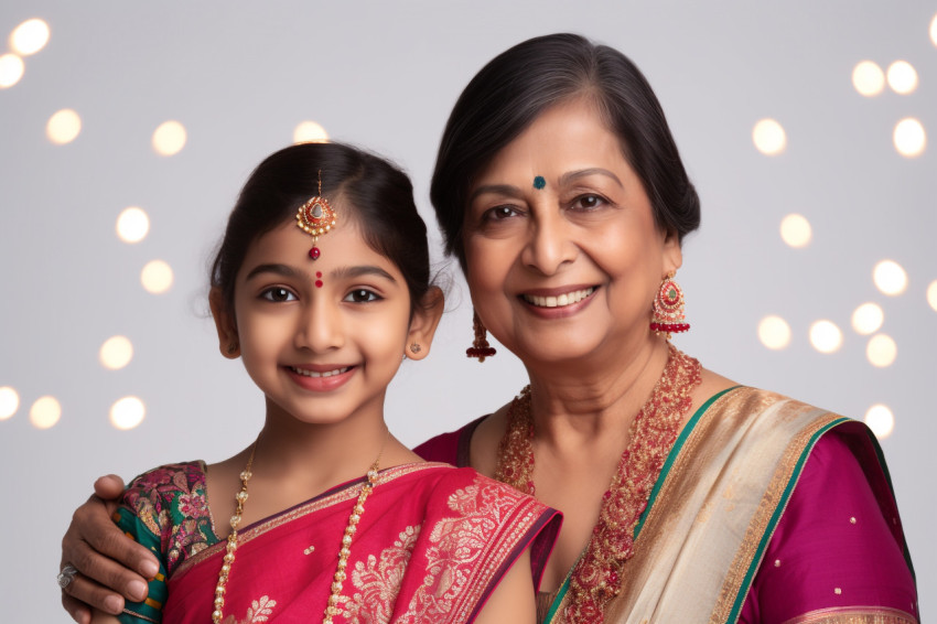 A photo of an older Indian woman and her young daughter in tradi