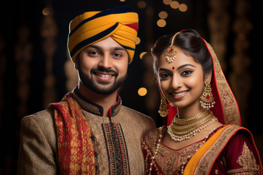 A photo of a happy Indian young couple in traditional clothes, s A photo of a happy Indian young couple in traditional clothes, s