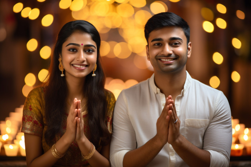 A photo of a happy young Indian couple standing with their hands