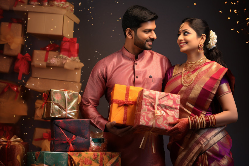 A picture of a man and woman from India wearing traditional clot