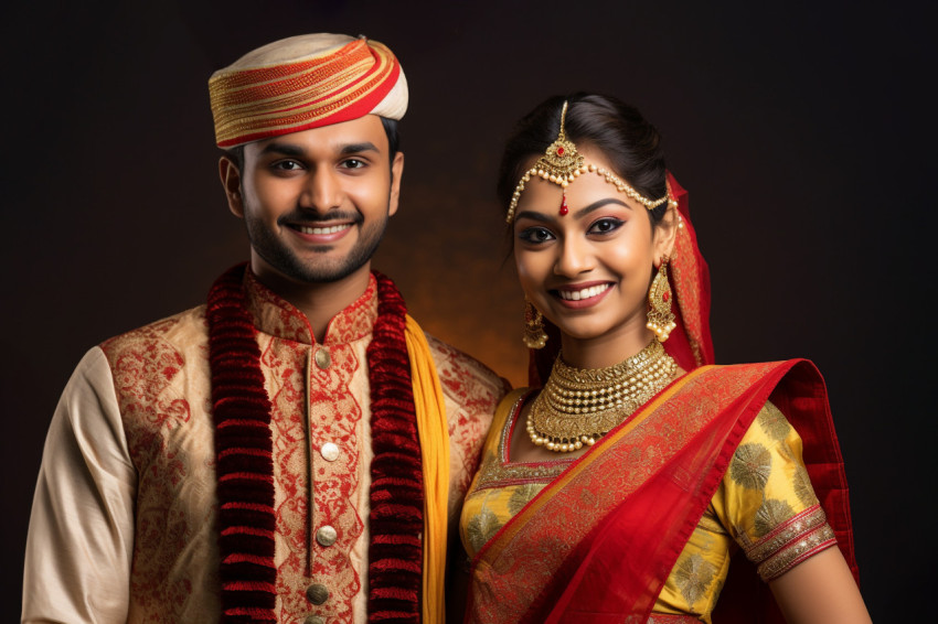 A photo of a happy Indian young couple in traditional clothes A photo of a happy Indian young couple in traditional clothes